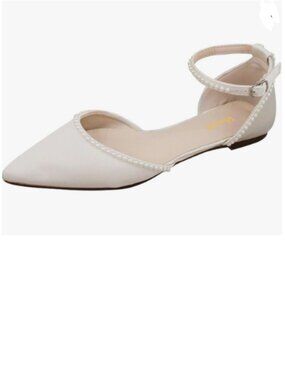 miss left Ivory Lovely Pearls Pointed Toe Flats Ankle Strap Comfortable Sandals